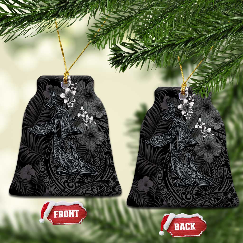 Hawaiian Tropical Plants and Tribal Whales Ceramic Ornament Polynesian Art Tattoo Grayscale LT03 Bell Flake Black - Polynesian Pride