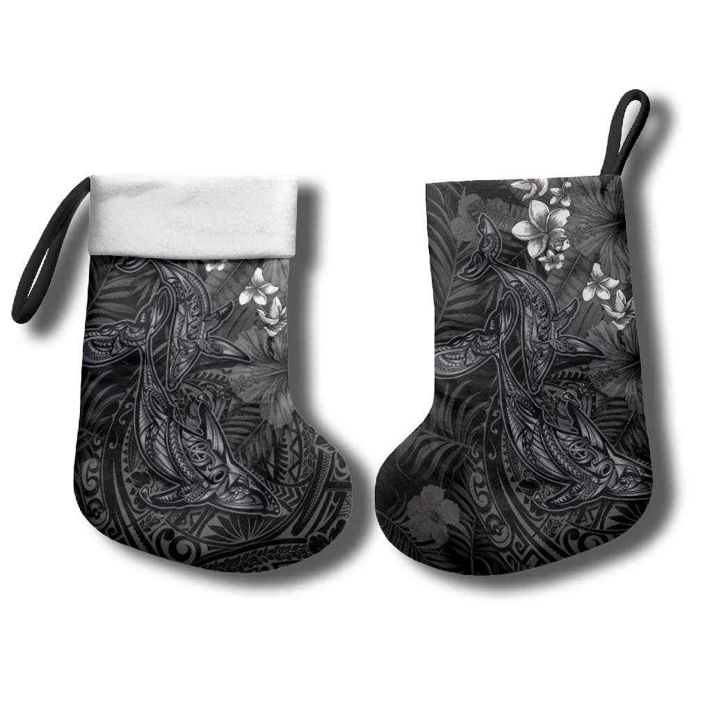 Hawaiian Tropical Plants and Tribal Whales Christmas Stocking Polynesian Art Tattoo Grayscale LT03 - Polynesian Pride