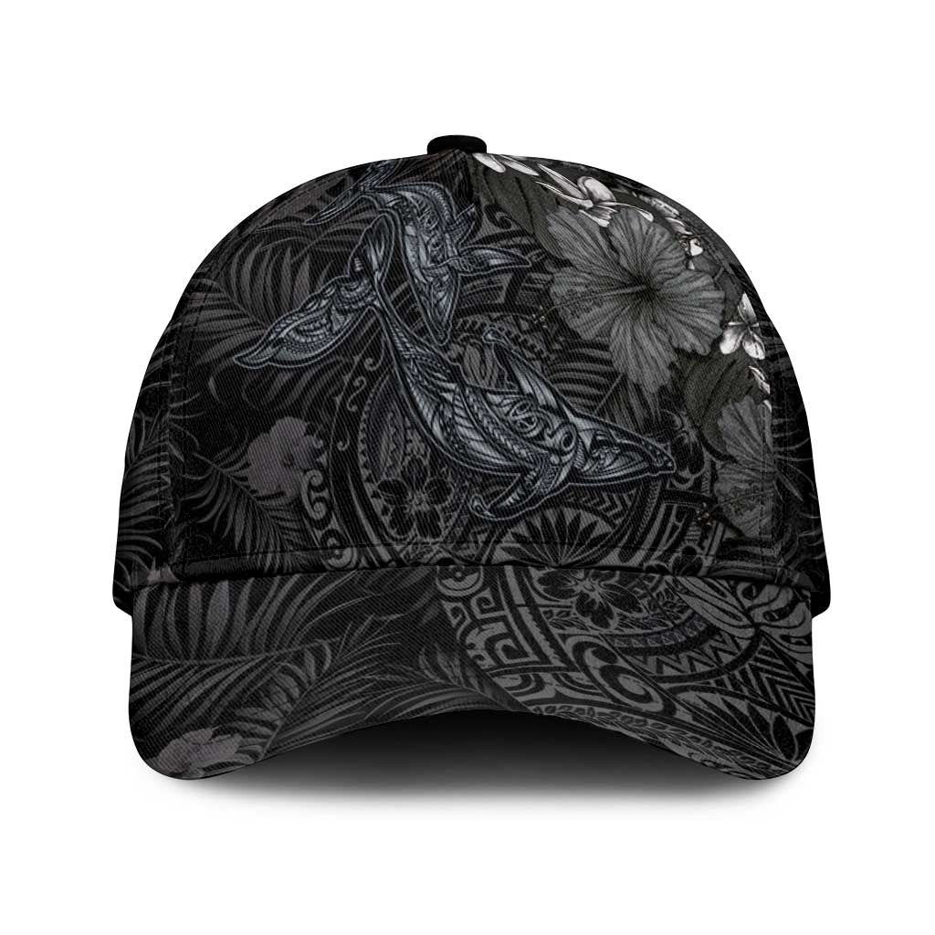Hawaiian Tropical Plants and Tribal Whales Classic Cap Polynesian Art Tattoo Grayscale LT03 Universal Fit Black - Polynesian Pride