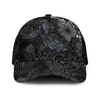 Hawaiian Tropical Plants and Tribal Whales Classic Cap Polynesian Art Tattoo Grayscale LT03 Universal Fit Black - Polynesian Pride