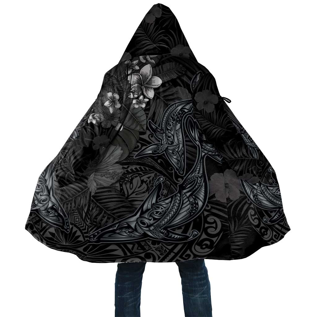 Hawaiian Tropical Plants and Tribal Whales Cloak Polynesian Art Tattoo Grayscale LT03 Unisex Black - Polynesian Pride