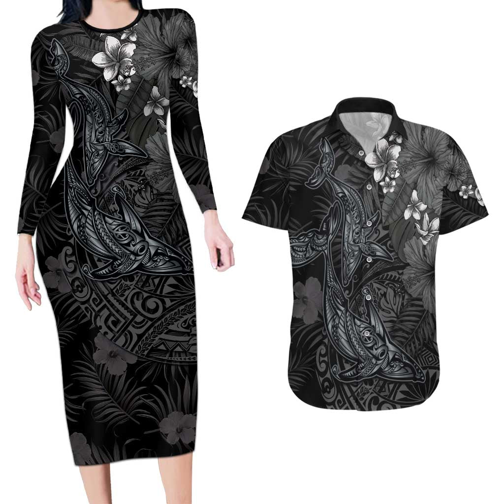 Hawaiian Tropical Plants and Tribal Whales Couples Matching Long Sleeve Bodycon Dress and Hawaiian Shirt Polynesian Art Tattoo Grayscale