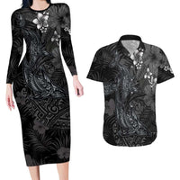 Hawaiian Tropical Plants and Tribal Whales Couples Matching Long Sleeve Bodycon Dress and Hawaiian Shirt Polynesian Art Tattoo Grayscale