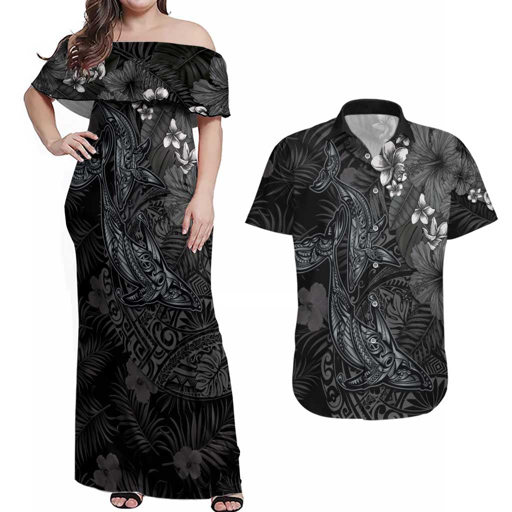 Hawaiian Tropical Plants and Tribal Whales Couples Matching Off Shoulder Maxi Dress and Hawaiian Shirt Polynesian Art Tattoo Grayscale LT03 Black - Polynesian Pride