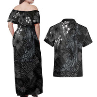 Hawaiian Tropical Plants and Tribal Whales Couples Matching Off Shoulder Maxi Dress and Hawaiian Shirt Polynesian Art Tattoo Grayscale