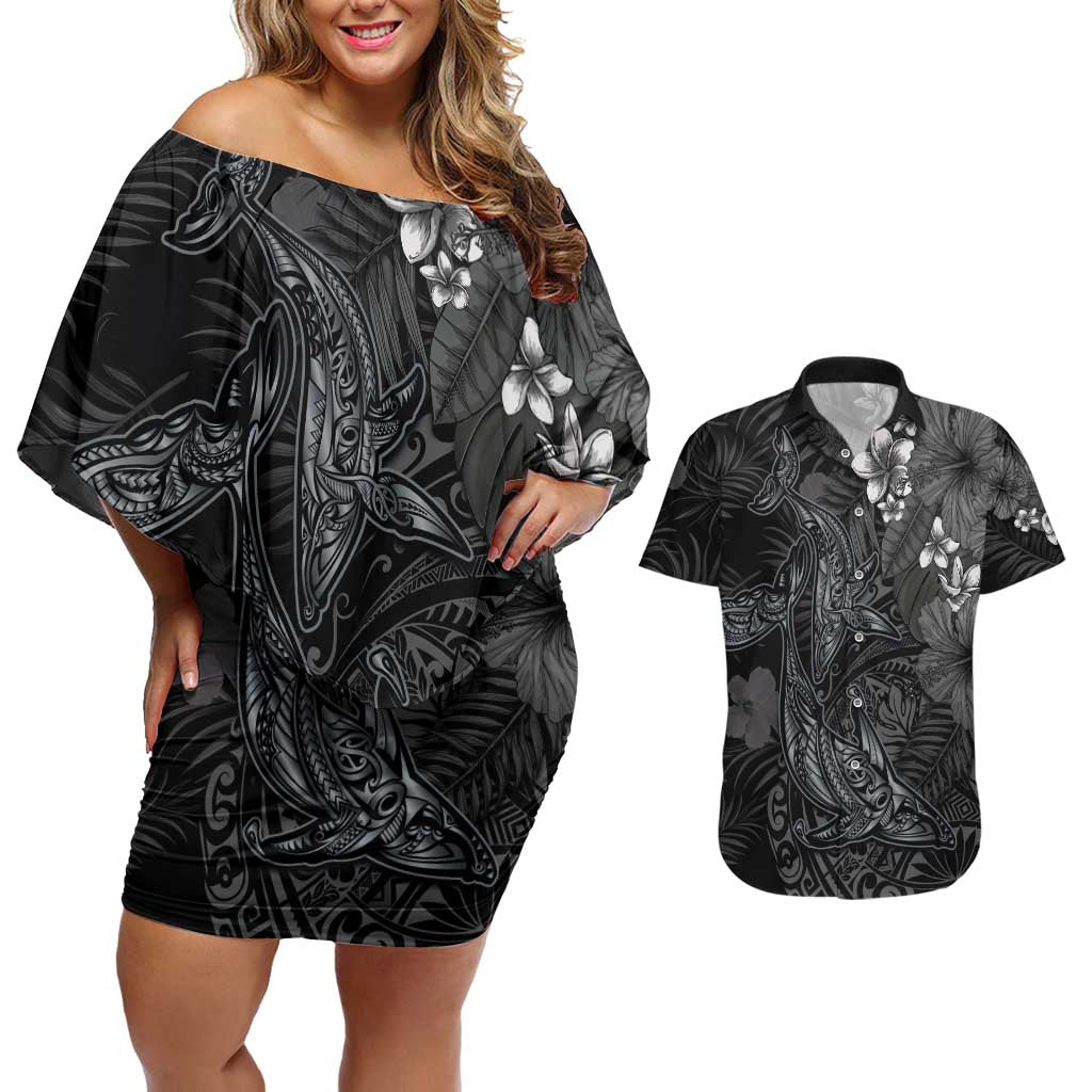 Hawaiian Tropical Plants and Tribal Whales Couples Matching Off Shoulder Short Dress and Hawaiian Shirt Polynesian Art Tattoo Grayscale LT03 Black - Polynesian Pride