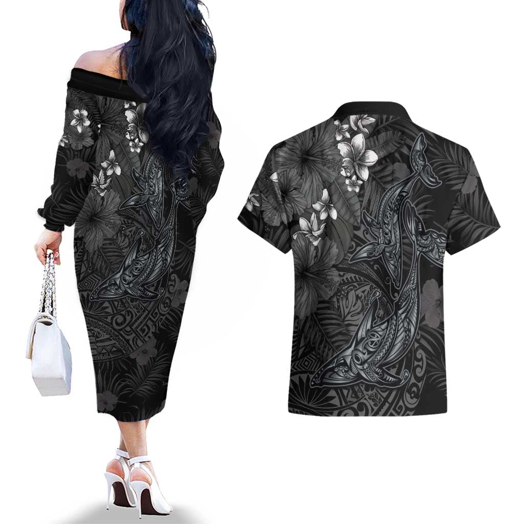 Hawaiian Tropical Plants and Tribal Whales Couples Matching Off The Shoulder Long Sleeve Dress and Hawaiian Shirt Polynesian Art Tattoo Grayscale