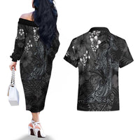 Hawaiian Tropical Plants and Tribal Whales Couples Matching Off The Shoulder Long Sleeve Dress and Hawaiian Shirt Polynesian Art Tattoo Grayscale