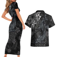 Hawaiian Tropical Plants and Tribal Whales Couples Matching Short Sleeve Bodycon Dress and Hawaiian Shirt Polynesian Art Tattoo Grayscale