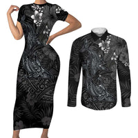 Hawaiian Tropical Plants and Tribal Whales Couples Matching Short Sleeve Bodycon Dress and Long Sleeve Button Shirt Polynesian Art Tattoo Grayscale
