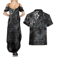 Hawaiian Tropical Plants and Tribal Whales Couples Matching Summer Maxi Dress and Hawaiian Shirt Polynesian Art Tattoo Grayscale