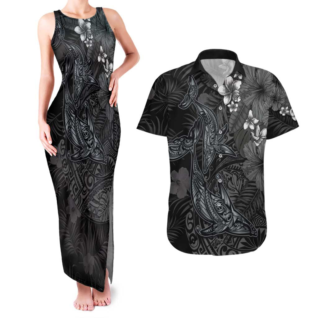 Hawaiian Tropical Plants and Tribal Whales Couples Matching Tank Maxi Dress and Hawaiian Shirt Polynesian Art Tattoo Grayscale LT03 Black - Polynesian Pride