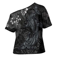 Hawaiian Tropical Plants and Tribal Whales Cross Shoulder Shirt Polynesian Art Tattoo Grayscale LT03 - Polynesian Pride