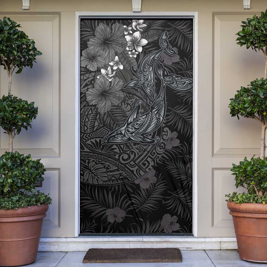 Hawaiian Tropical Plants and Tribal Whales Door Cover Polynesian Art Tattoo Grayscale LT03 Black - Polynesian Pride