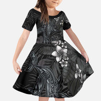 Hawaiian Tropical Plants and Tribal Whales Family Matching Long Sleeve Bodycon Dress and Hawaiian Shirt Polynesian Art Tattoo Grayscale