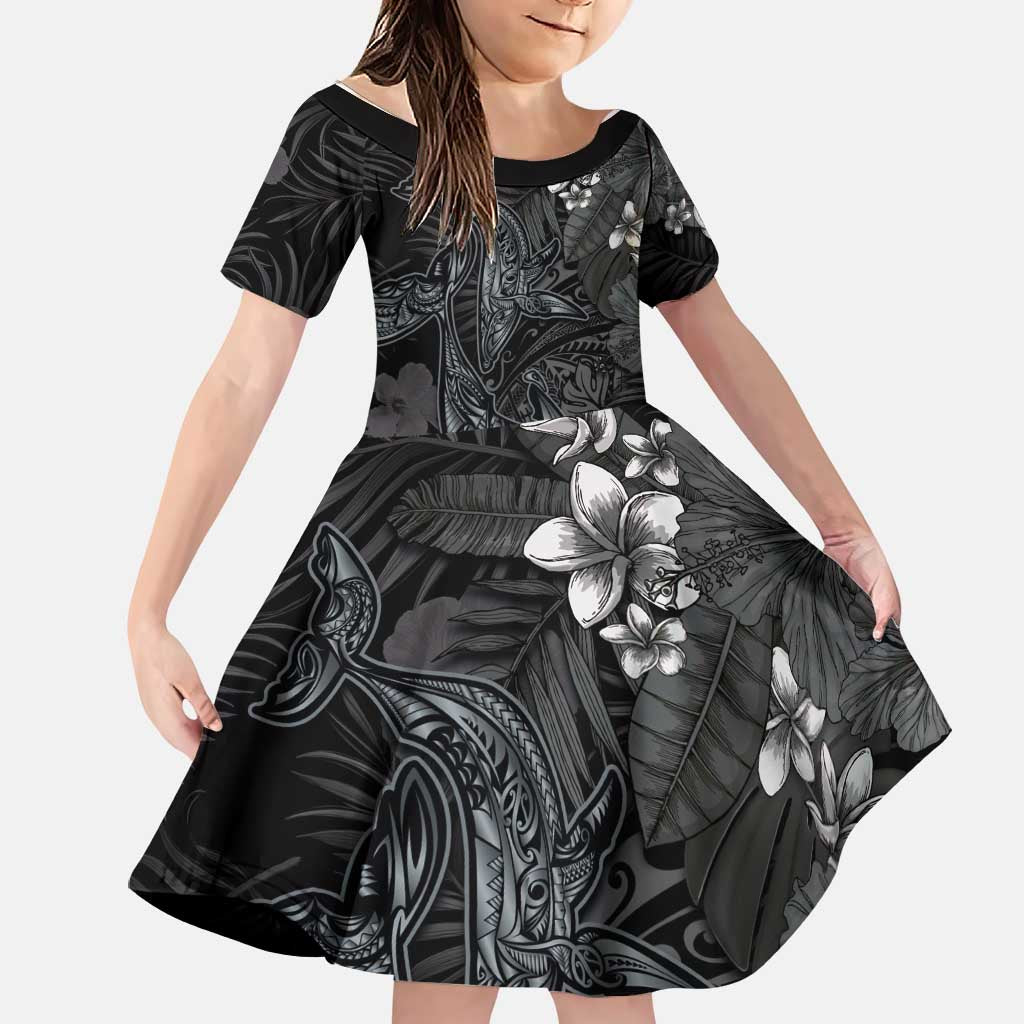 Hawaiian Tropical Plants and Tribal Whales Family Matching Mermaid Dress and Hawaiian Shirt Polynesian Art Tattoo Grayscale