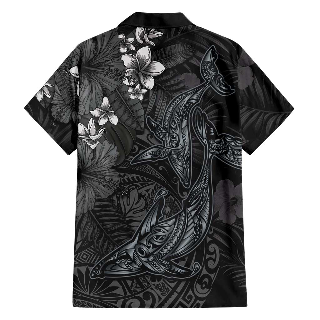 Hawaiian Tropical Plants and Tribal Whales Family Matching Mermaid Dress and Hawaiian Shirt Polynesian Art Tattoo Grayscale