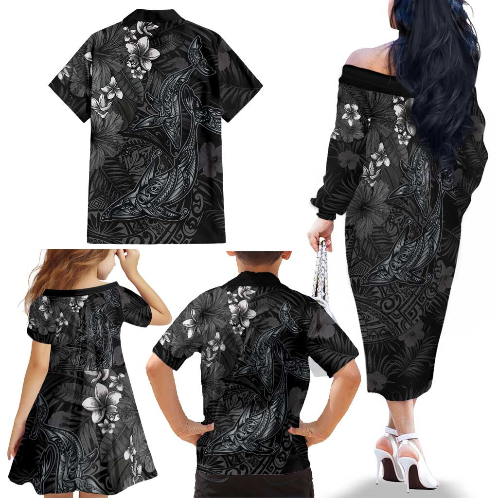 Hawaiian Tropical Plants and Tribal Whales Family Matching Off The Shoulder Long Sleeve Dress and Hawaiian Shirt Polynesian Art Tattoo Grayscale
