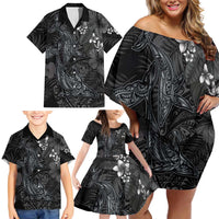 Hawaiian Tropical Plants and Tribal Whales Family Matching Off Shoulder Short Dress and Hawaiian Shirt Polynesian Art Tattoo Grayscale