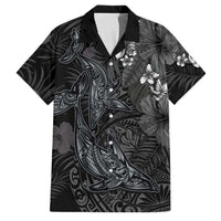 Hawaiian Tropical Plants and Tribal Whales Family Matching Off Shoulder Short Dress and Hawaiian Shirt Polynesian Art Tattoo Grayscale