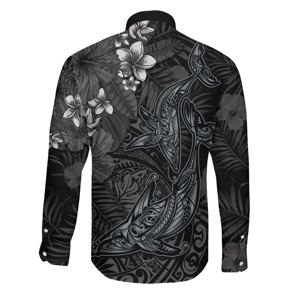 Hawaiian Tropical Plants and Tribal Whales Family Matching Off Shoulder Short Dress and Hawaiian Shirt Polynesian Art Tattoo Grayscale
