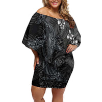 Hawaiian Tropical Plants and Tribal Whales Family Matching Off Shoulder Short Dress and Hawaiian Shirt Polynesian Art Tattoo Grayscale