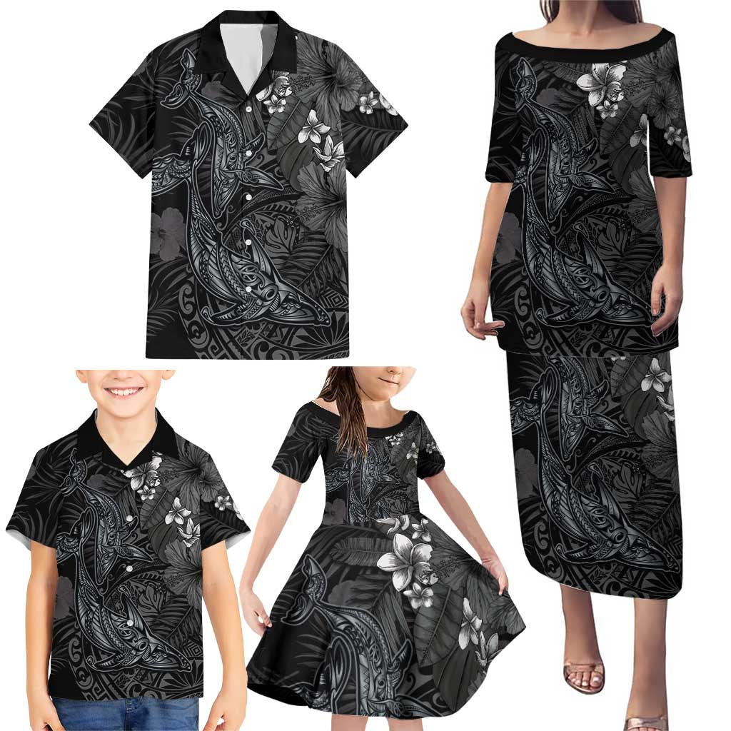 Hawaiian Tropical Plants and Tribal Whales Family Matching Puletasi and Hawaiian Shirt Polynesian Art Tattoo Grayscale LT03 - Polynesian Pride
