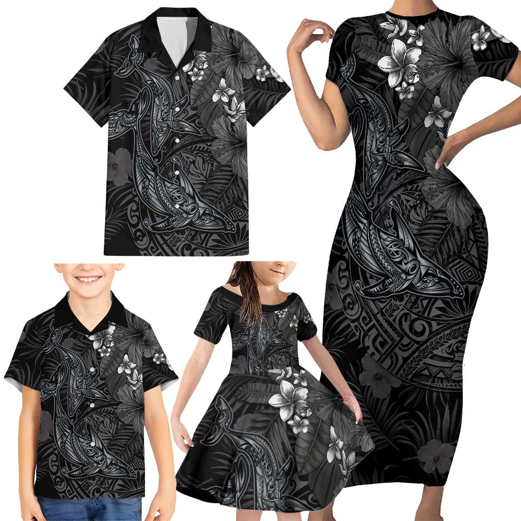 Hawaiian Tropical Plants and Tribal Whales Family Matching Short Sleeve Bodycon Dress and Hawaiian Shirt Polynesian Art Tattoo Grayscale