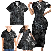 Hawaiian Tropical Plants and Tribal Whales Family Matching Short Sleeve Bodycon Dress and Hawaiian Shirt Polynesian Art Tattoo Grayscale