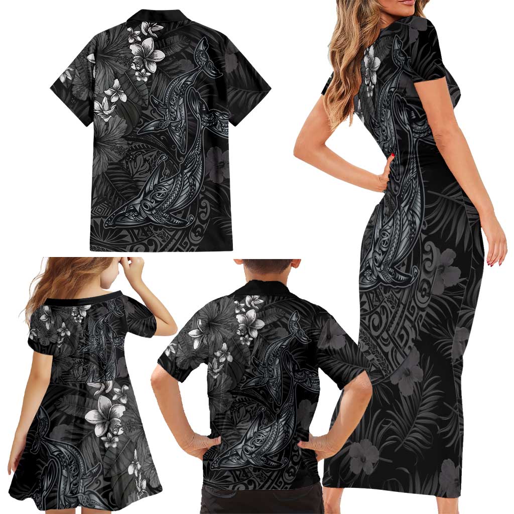 Hawaiian Tropical Plants and Tribal Whales Family Matching Short Sleeve Bodycon Dress and Hawaiian Shirt Polynesian Art Tattoo Grayscale