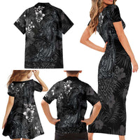 Hawaiian Tropical Plants and Tribal Whales Family Matching Short Sleeve Bodycon Dress and Hawaiian Shirt Polynesian Art Tattoo Grayscale