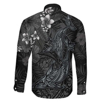 Hawaiian Tropical Plants and Tribal Whales Family Matching Short Sleeve Bodycon Dress and Hawaiian Shirt Polynesian Art Tattoo Grayscale