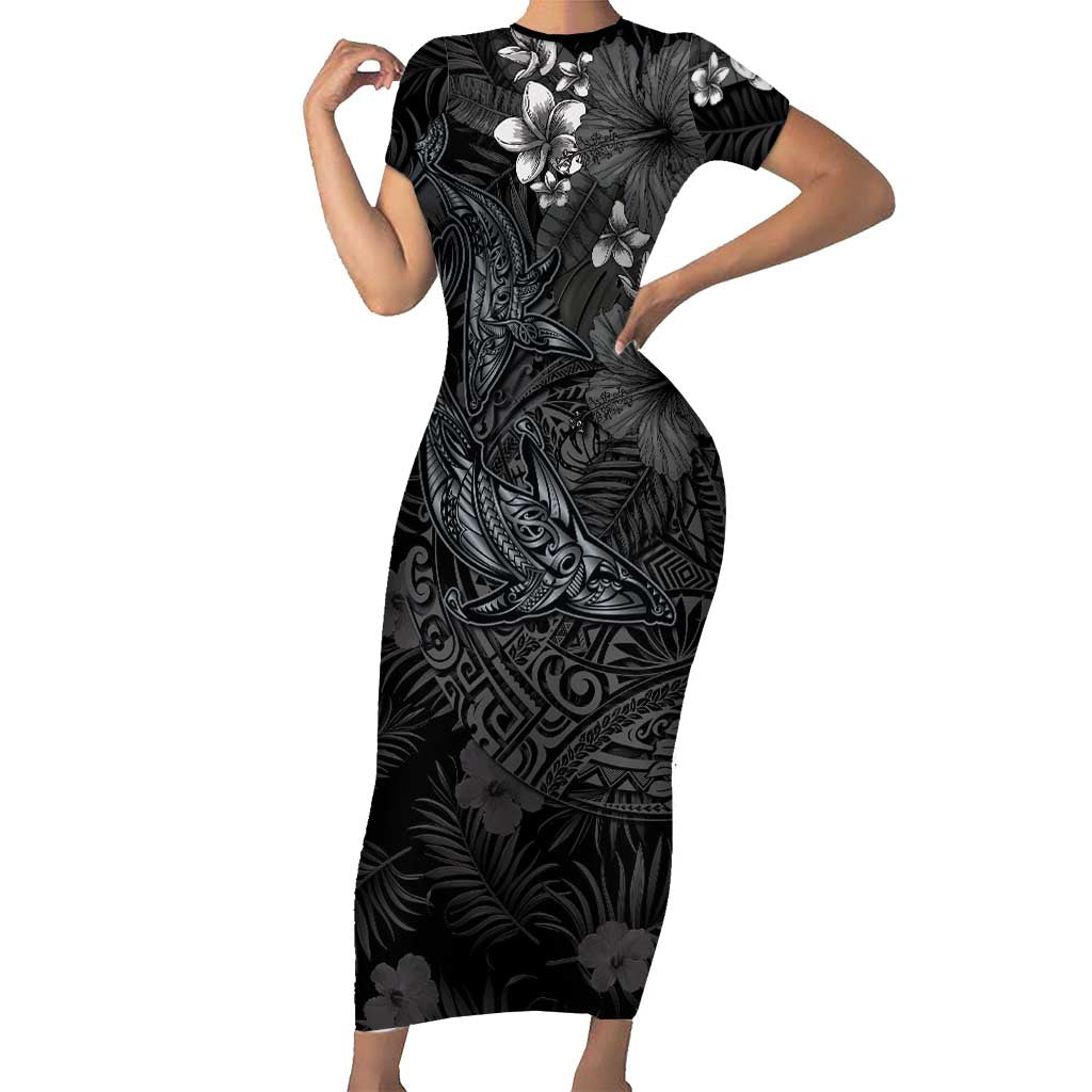 Hawaiian Tropical Plants and Tribal Whales Family Matching Short Sleeve Bodycon Dress and Hawaiian Shirt Polynesian Art Tattoo Grayscale