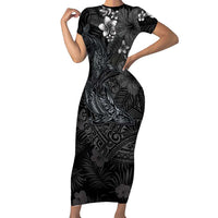 Hawaiian Tropical Plants and Tribal Whales Family Matching Short Sleeve Bodycon Dress and Hawaiian Shirt Polynesian Art Tattoo Grayscale