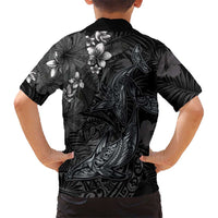 Hawaiian Tropical Plants and Tribal Whales Family Matching Summer Maxi Dress and Hawaiian Shirt Polynesian Art Tattoo Grayscale