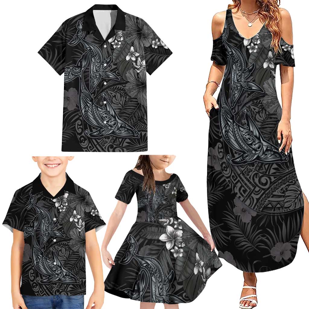 Hawaiian Tropical Plants and Tribal Whales Family Matching Summer Maxi Dress and Hawaiian Shirt Polynesian Art Tattoo Grayscale