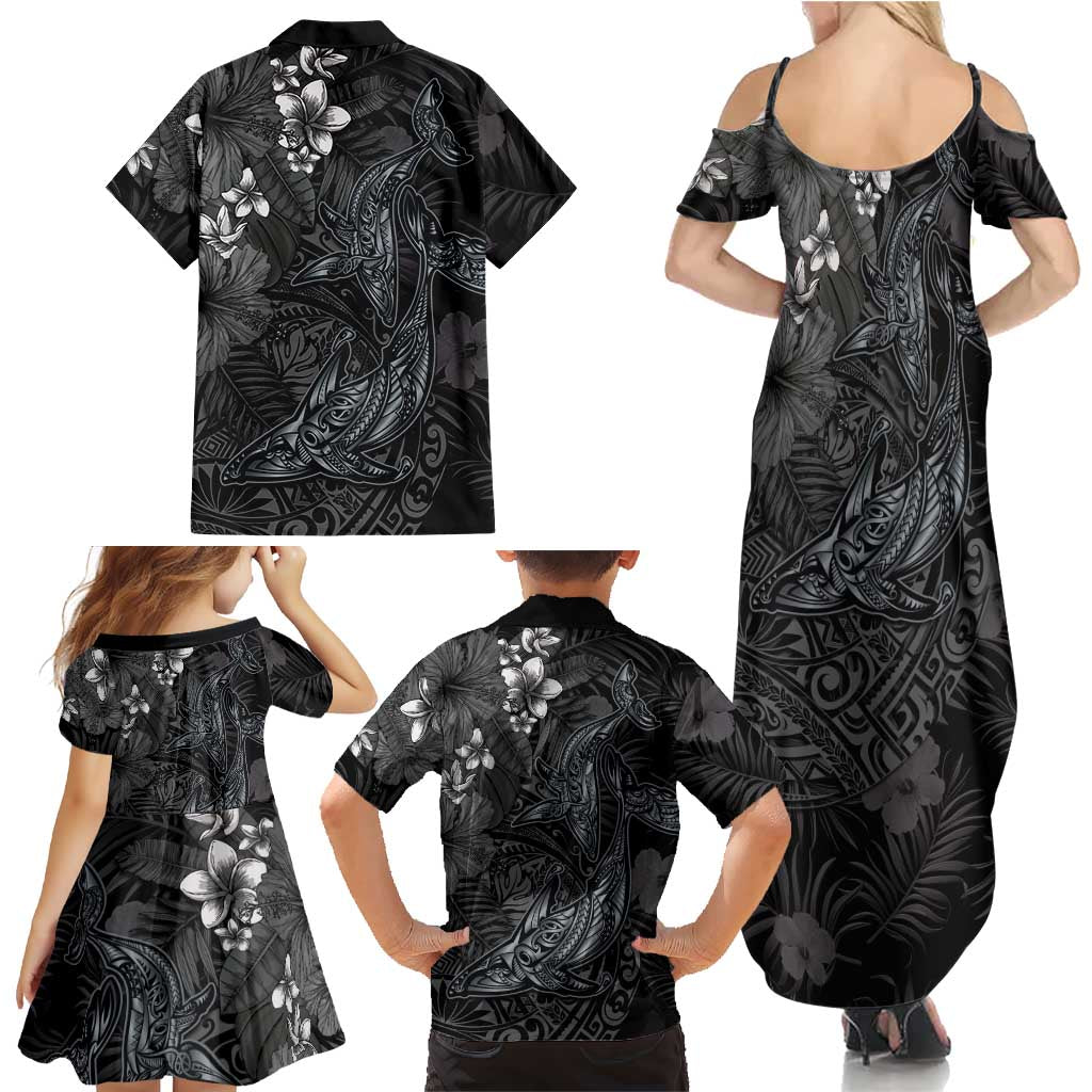 Hawaiian Tropical Plants and Tribal Whales Family Matching Summer Maxi Dress and Hawaiian Shirt Polynesian Art Tattoo Grayscale