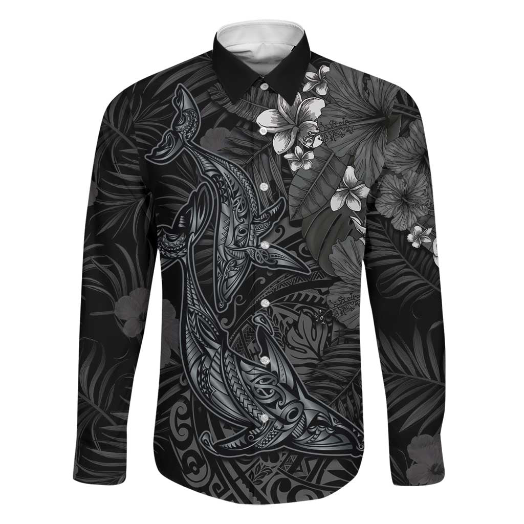 Hawaiian Tropical Plants and Tribal Whales Family Matching Summer Maxi Dress and Hawaiian Shirt Polynesian Art Tattoo Grayscale