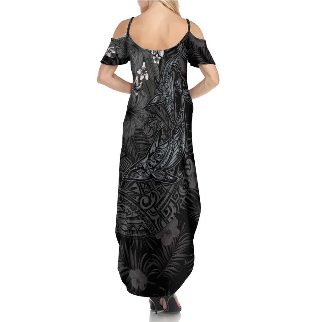 Hawaiian Tropical Plants and Tribal Whales Family Matching Summer Maxi Dress and Hawaiian Shirt Polynesian Art Tattoo Grayscale