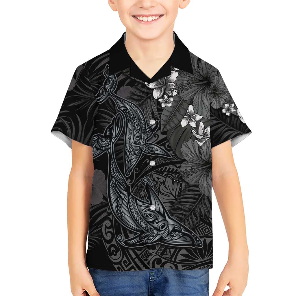 Hawaiian Tropical Plants and Tribal Whales Family Matching Summer Maxi Dress and Hawaiian Shirt Polynesian Art Tattoo Grayscale