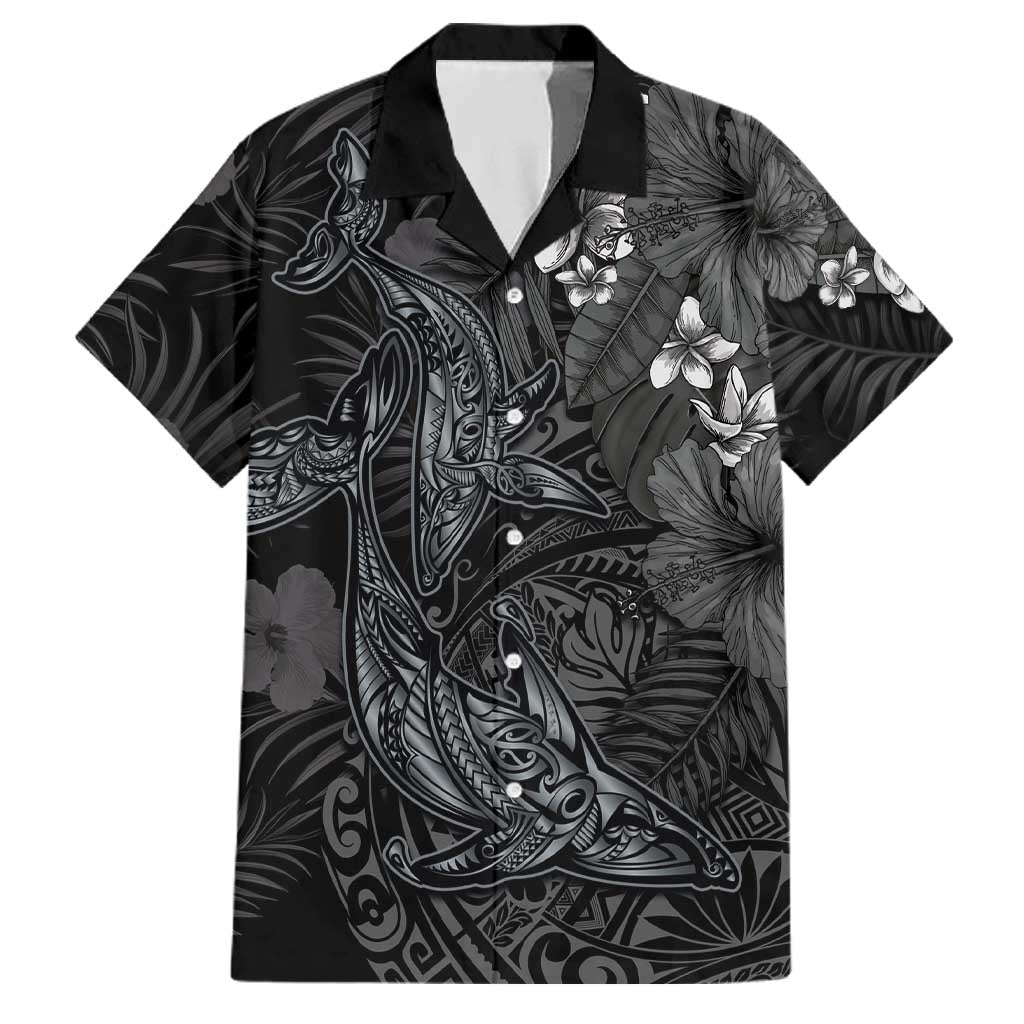 Hawaiian Tropical Plants and Tribal Whales Family Matching Tank Maxi Dress and Hawaiian Shirt Polynesian Art Tattoo Grayscale