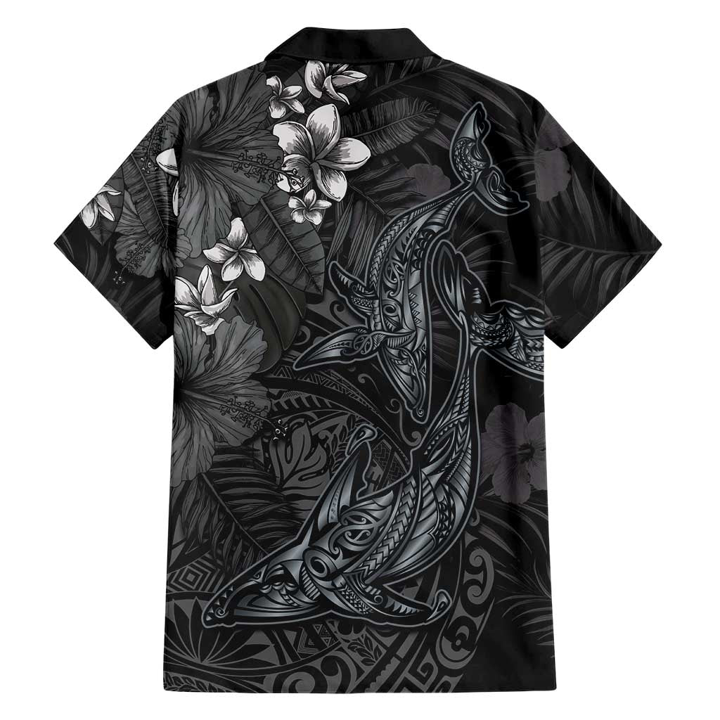 Hawaiian Tropical Plants and Tribal Whales Family Matching Tank Maxi Dress and Hawaiian Shirt Polynesian Art Tattoo Grayscale