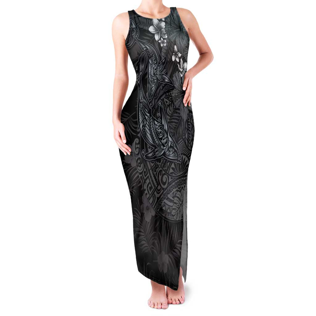 Hawaiian Tropical Plants and Tribal Whales Family Matching Tank Maxi Dress and Hawaiian Shirt Polynesian Art Tattoo Grayscale