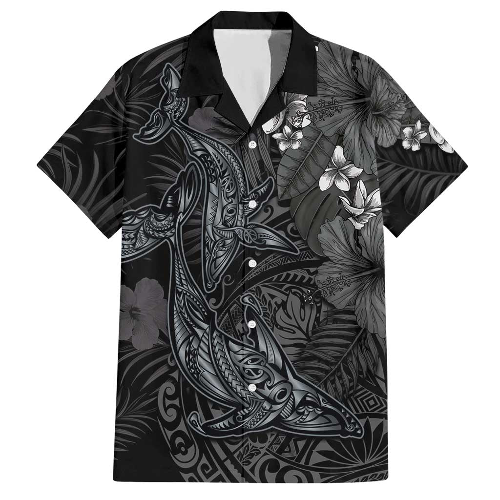 Hawaiian Tropical Plants and Tribal Whales Hawaiian Shirt Polynesian Art Tattoo Grayscale LT03 Black - Polynesian Pride