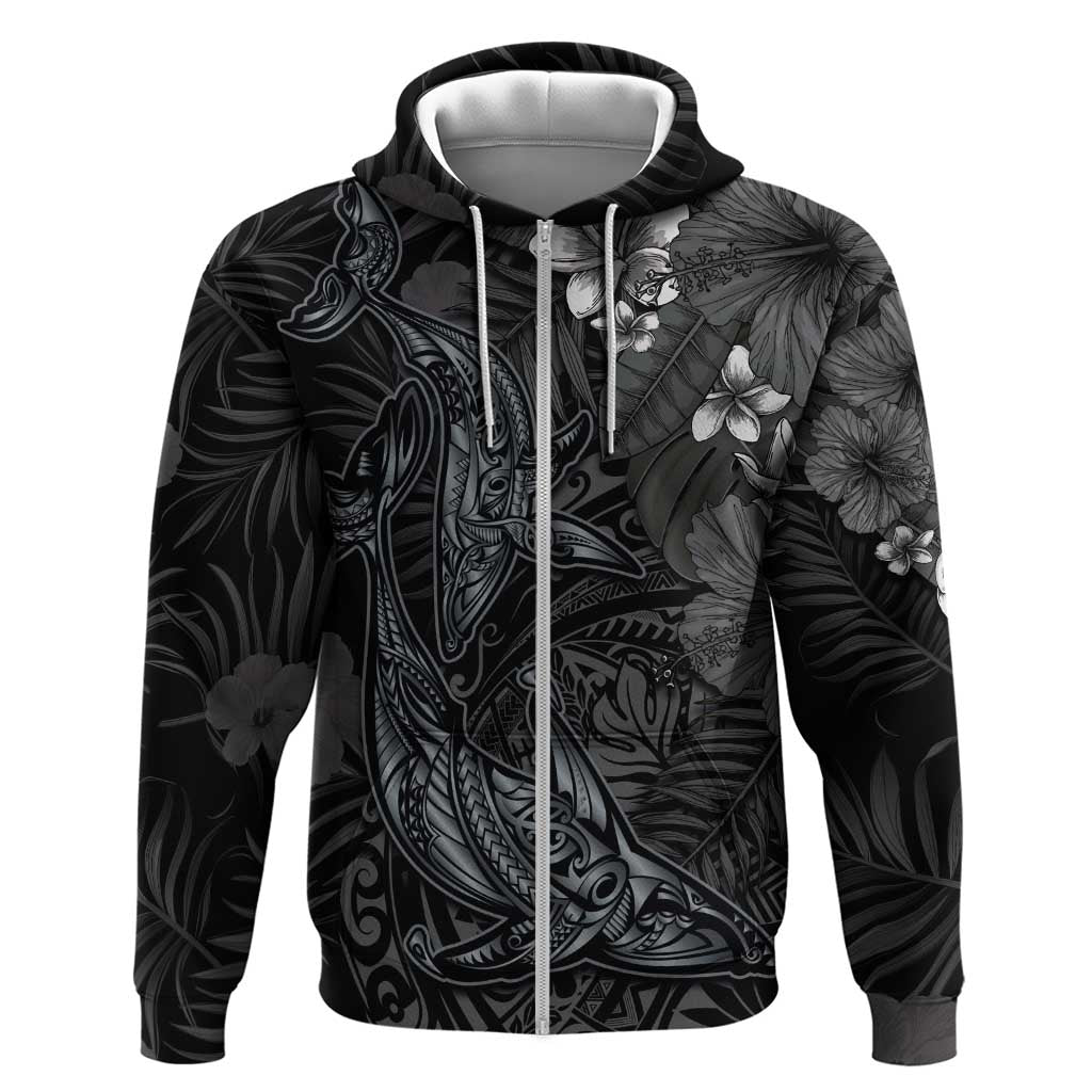 Hawaiian Tropical Plants and Tribal Whales Hoodie Polynesian Art Tattoo Grayscale LT03 Zip Hoodie Black - Polynesian Pride