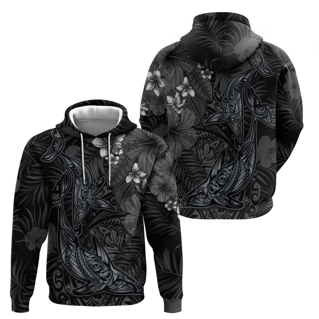 Hawaiian Tropical Plants and Tribal Whales Hoodie Polynesian Art Tattoo Grayscale LT03 - Polynesian Pride