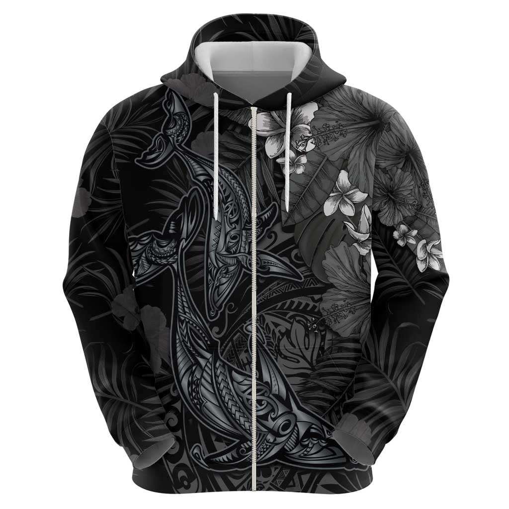 Hawaiian Tropical Plants and Tribal Whales Hoodie Polynesian Art Tattoo Grayscale LT03 - Polynesian Pride