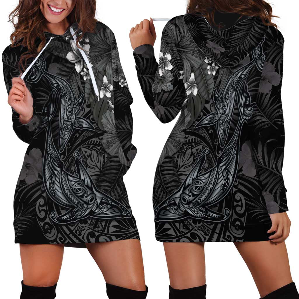 Hawaiian Tropical Plants and Tribal Whales Hoodie Dress Polynesian Art Tattoo Grayscale
