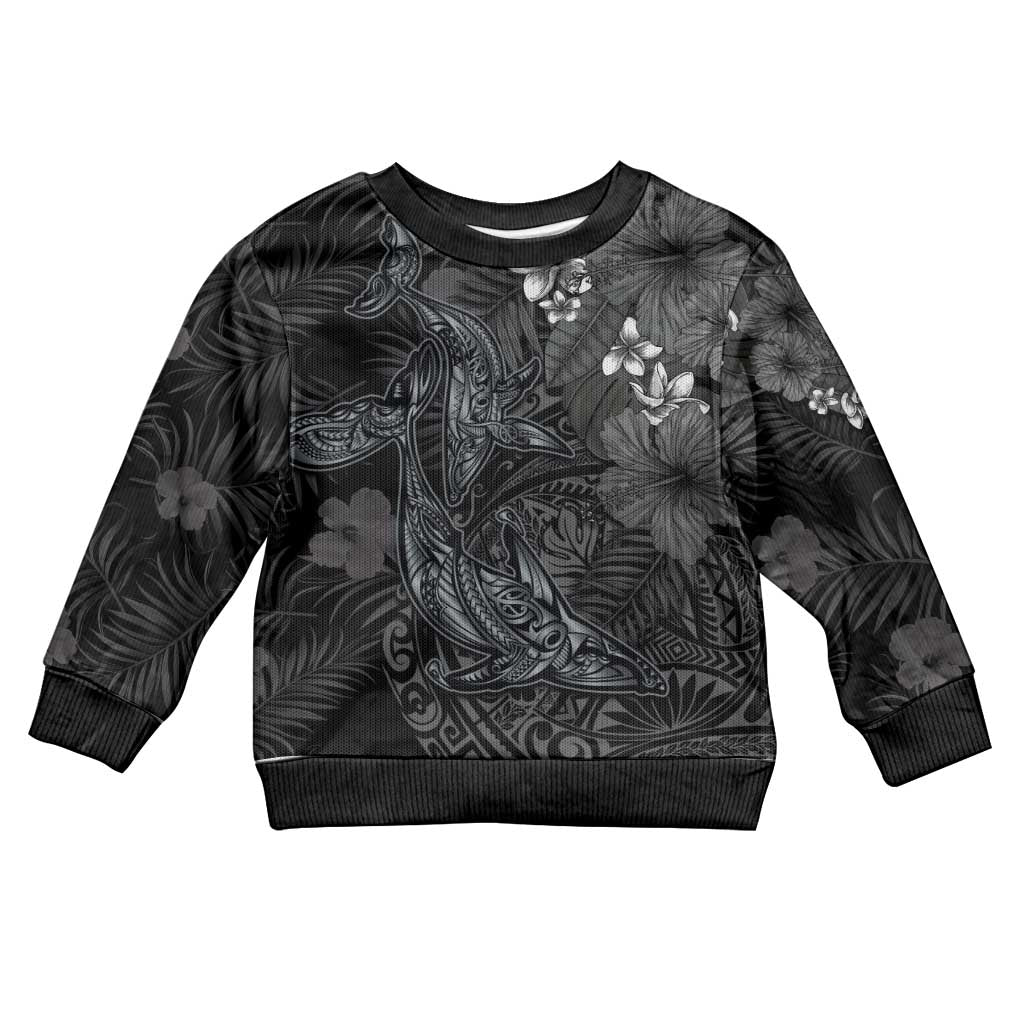 Hawaiian Tropical Plants and Tribal Whales Kid Ugly Christmas Sweater Polynesian Art Tattoo Grayscale LT03 Kid Black - Polynesian Pride
