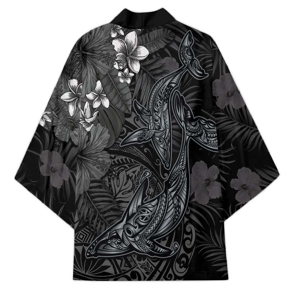 Hawaiian Tropical Plants and Tribal Whales Kimono Polynesian Art Tattoo Grayscale LT03 - Polynesian Pride